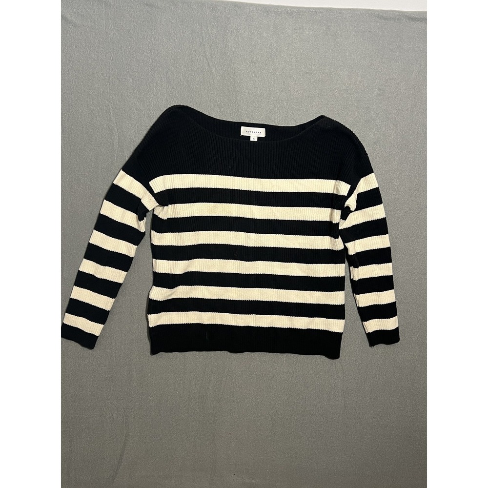 POPSUGAR Women's Size S Black White Striped Ribbed Knit Boat‎ Neck Pullover